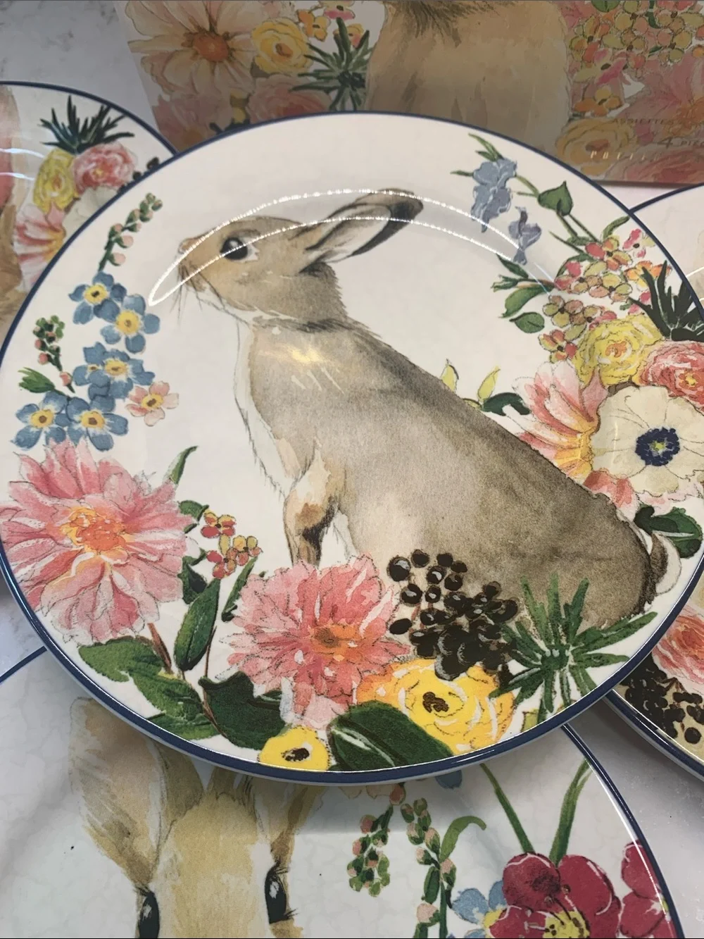 NEW Flora Pottery Barn Easter Rabbit Bunny Floral Salad 8” Plates Set of 4